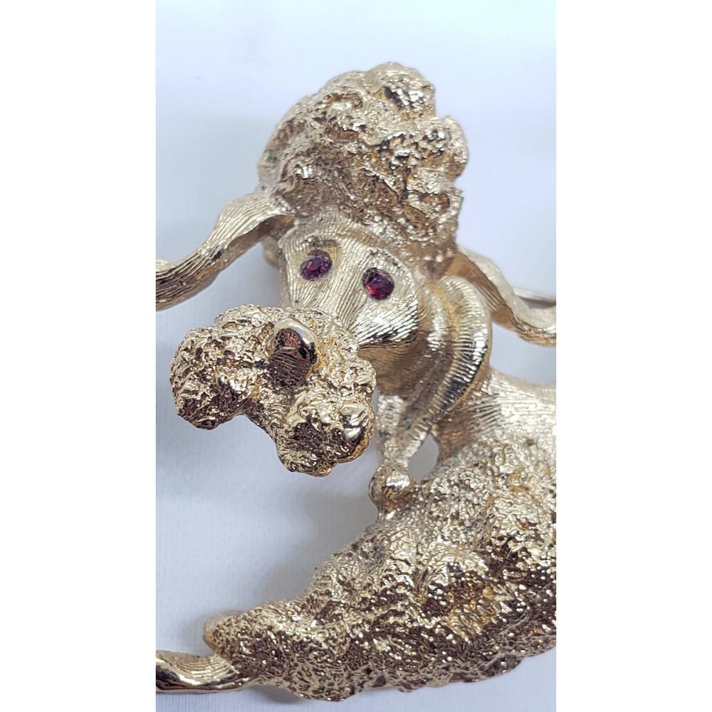 Vintage Poodle Doodle Dog Brooch Monet Gold with Red Rhinestone Eyes Playful Pin - Picture 5 of 7